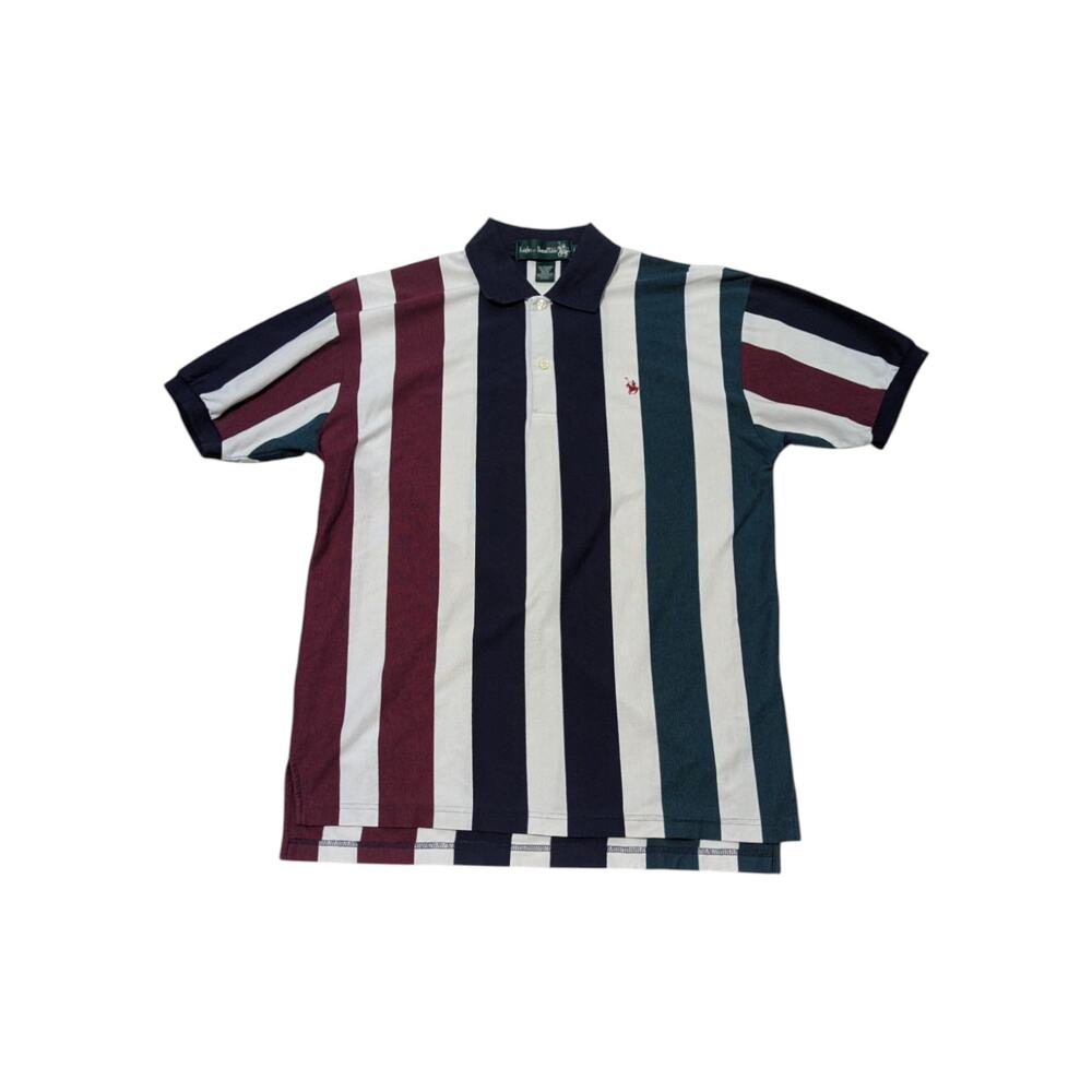 Vintage Men's Polo Shirt - Burgundy, Navy, Forest Green & White Stripes